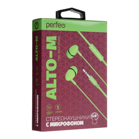 Perfeo Alto-M headphones, vacuum, microphone, 104 dB, 32 Ohm, 3.5 mm, 1.2 m, green-2