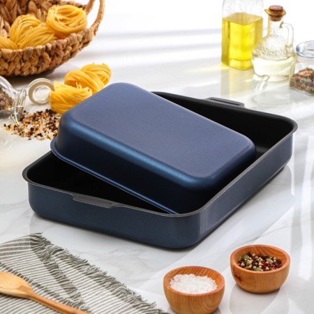 A set of baking sheets with solid handles, 2 items: 19 × 25 cm, 27 × 35 cm, anti -stick coating, blue color-1