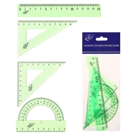 Drawing set 4 objects (ruler 15 cm, square 30 °/ 60 °, 10 cm; square 45 °/ 45 °, 8 cm; transporter 180 °, 9 cm), transparent green