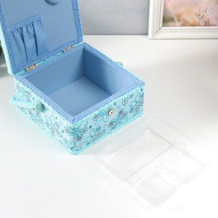 Casket for needlework "Butterflies and flowers on blue" 20x20x11 cm-3