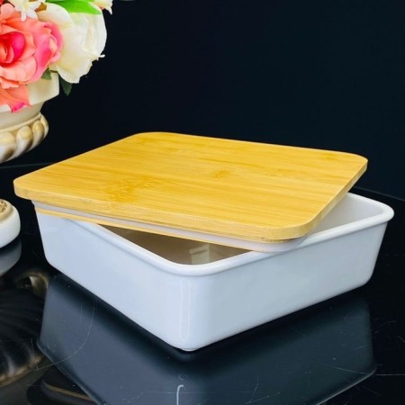 Lenardi baking dish, square, bamboo cover, porcelain, size 15x15 cm