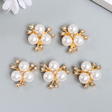 Decor for creativity Metal "3 white pearls with rhinestones" set 5 pcs 2x2 cm-2