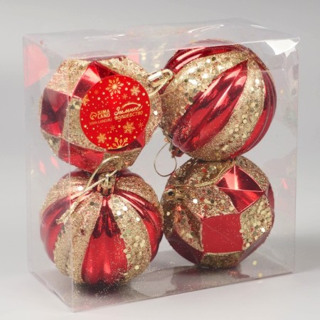 Set of balls plastic D-8 cm, 4 pcs "Festive shine" with red-gold-1