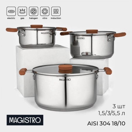 A set of stainless steel dishes Magistro, 3 pcs: D = 16/20/24 cm, induction