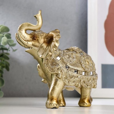 Souvenir Polystone "Golden Elephant with a Popone of Beads with bells" MIX 15x14.5x7.7 cm-4