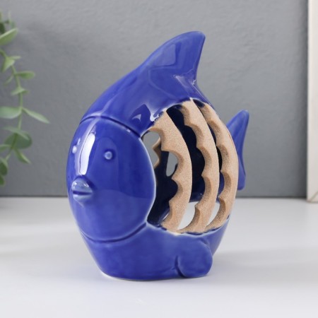 Ceramics candlestick for 1 candle "fish with patterns" blue 15.7x8.8x14.3 cm-2