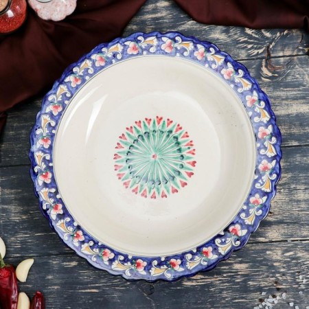 The pancake of Rishtan ceramics "Flowers", 32 cm, blue-2