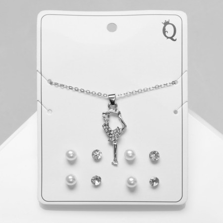 Set of 5 objects: 4 pairs fluffs, pendant "gymnast", white color in silver, 40 cm