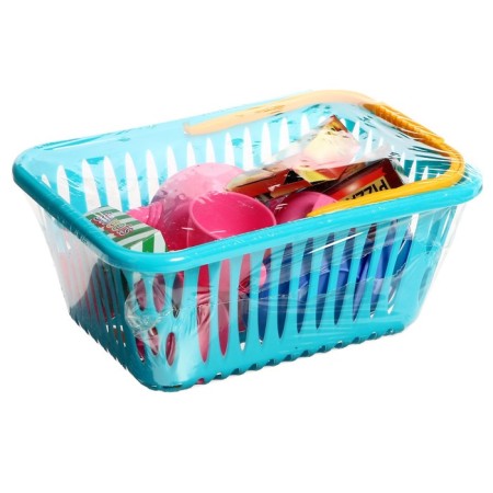 A set of dishes in a basket, 19 items, mix