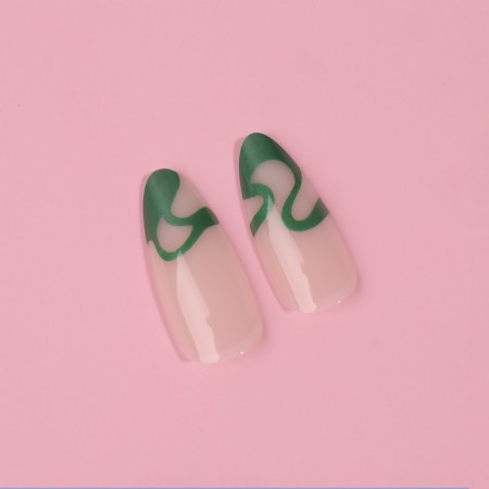 Pattern overhead nails, 24 pcs, with adhesive plates, almond shape, milk/green color-7