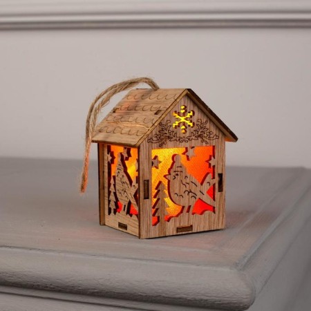 Christmas tree toy "House with a bird", from batteries, glow warm white-2