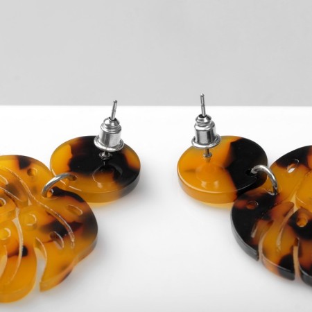 Acryl Earrings "Leaves" spotted, black and yellow color-2