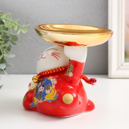 Pigger Ceramics "Cat Mani-Neko to attract wealth with a plate" 11.5x15x13 cm-3
