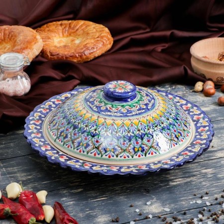 The pancake of Rishtan ceramics "Flowers", 32 cm, blue