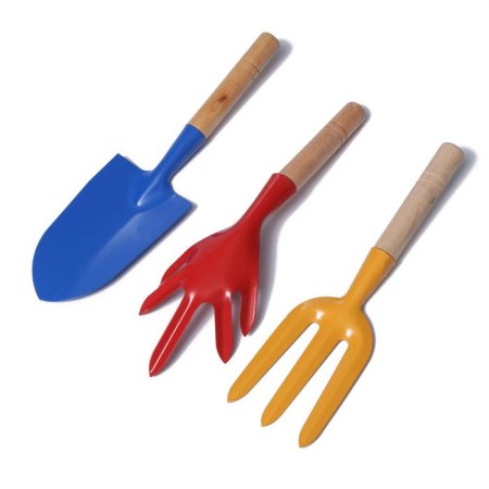 A set of garden tools, 3 objects: scoop, looser, fork, length 28 cm, wooden handles, Greengo