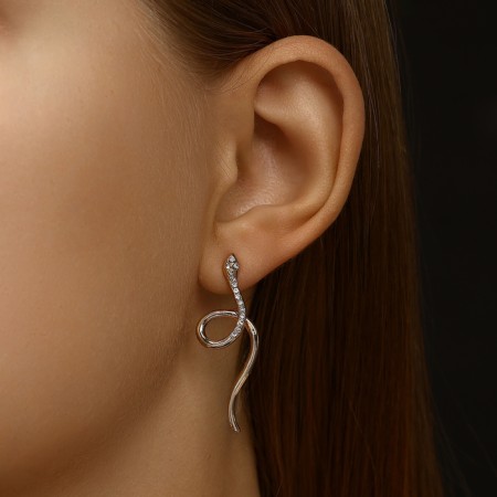 Earrings Metal "Snake" miniature mini, white color in gold-3