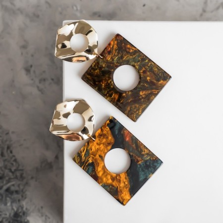 Earrings Assorted Azelia crumpled circles, green-orange color in gold-1