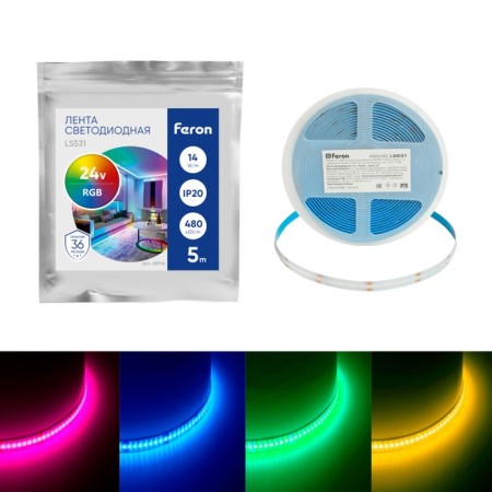 Feron 5 m, IP20, COB LED strip, 480 LED/m, 14 W/m, 24 V, glow of RGB