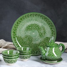 Tea set, Rishtan painting, 9 objects, green: kettle 0.8 l, Piala 0.3 l