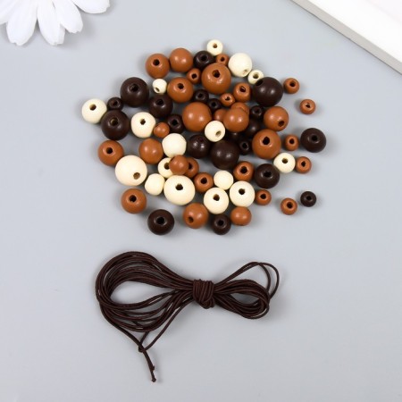 A set of wooden beads with a cord "Astra" 6,8,10,12mm, 90 pcs, natural mix