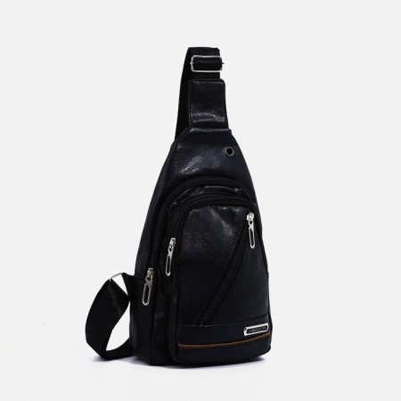 Male sling bag, artificial leather, headphone opening, black color-1