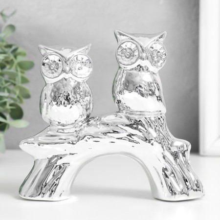 Souvenir ceramics "Two owls on the snag" silver 15x4.5x13.3 cm