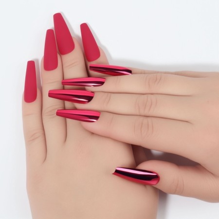 Patch nails, 12 pcs, with adhesive plates, ballerina shape, matte/chrome, burgundy/red color-1