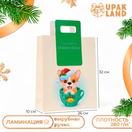 New Year. Gift package with a trim “Corgi” 26 x 32 x 10 cm.