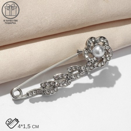 Pin "Flower" rose with a pearl, 4 cm, white color in silver-2