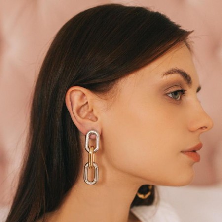 Earrings Metal "Chain" narrow link, small, silver-golden color-1