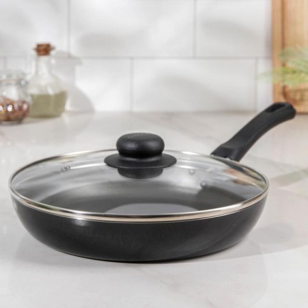 Pan PROMO, D = 24 cm, glass cover, plastic handle, anti -stick coating, black color