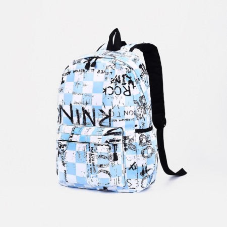 A backpack with a zipper, 3 outer pockets, blue/white color