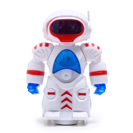 The robot is musical, light and sound effects, drives, white color-1