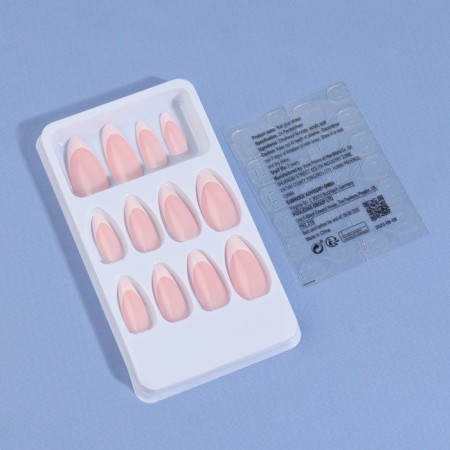 Classic French overhead nails, 24 pcs, with glue plates, almond shape, pale pink/white color-1