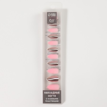 Patch nails, 12 pcs, with adhesive plates, the shape of the almonds, matte/chrome, pink, golden-3