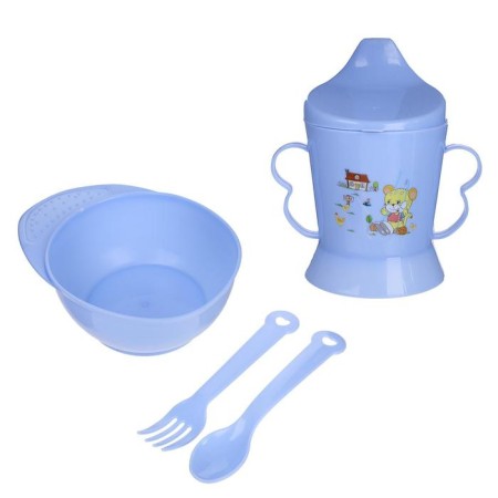A set of children's dishes, 4 items: bowl, spoon, fork, chip with solid nose 200 ml, MIX color-10