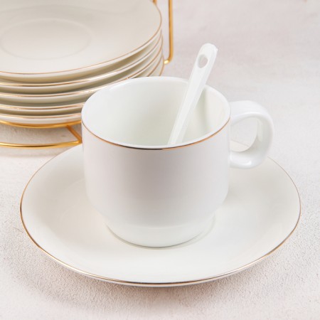 Tea ceramic service on a metal stand "Blanche", 19 items: 6 cups 170 ml, 6 saucers 13.5 cm, 6 tablespoons, white color-2