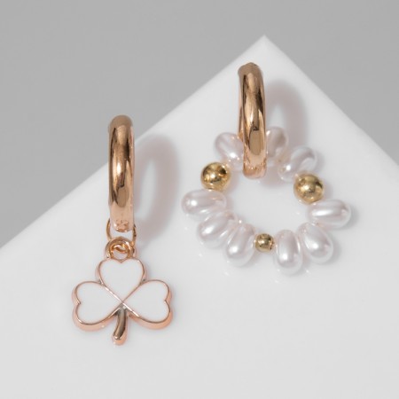 Earrings with the removable element "Transformer" Clover-heart, white-beige color in gold-1