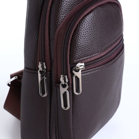 Male sling bag, artificial leather, headphone opening, brown color-4