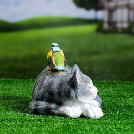 Garden figure "Cat lying with birds" 17x27x17cm-1