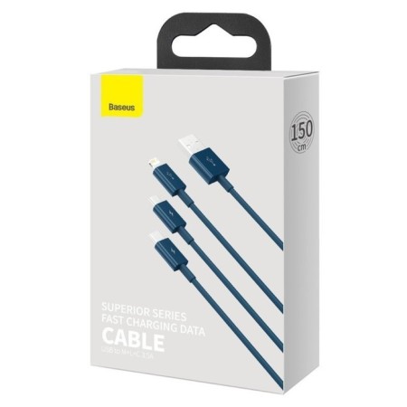 Cable 3 in 1 Baseus, 5 A, MicroUSB/Type -C/Lightning - USB, 1.5 m, Blue-5