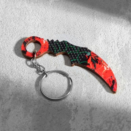 Wooden keychain "Cerambit" 8x3 cm red marble