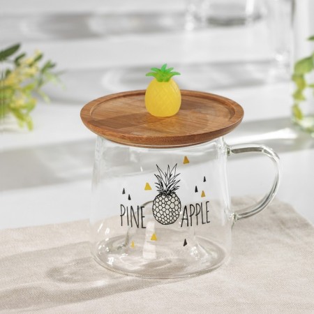 Glass mug with wooden cover "Pineapple", 300 ml