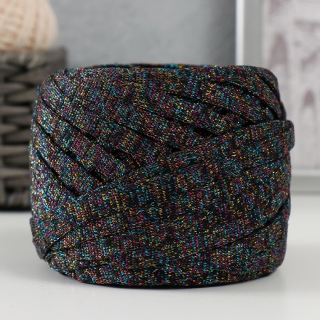 Knitted yarn "Ribbon" with Lurex 85m/170 ± 5 g (black, lurex: rainbow)