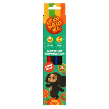 Pencils color 6 colors of multi-bullets "Cheburashka", sharpened, cardboard packaging, euro suspension