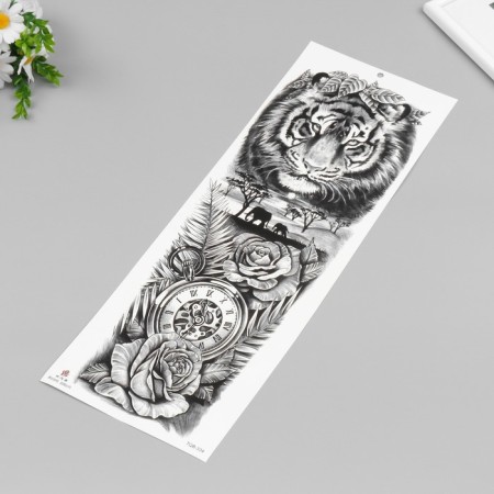 Tattoo on the body black "tiger and mechanical watch" 48x17 cm-1