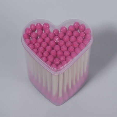 Cotton -based sticks “heart”, 7 cm, 64 pcs, in a plastic organizer, pink color-3