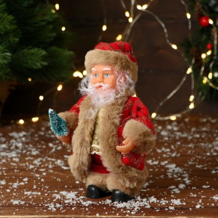 Santa Claus "In a patterned fur coat with a Christmas tree" 19 cm, brown-red-3