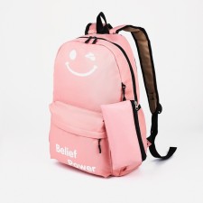 A backpack with a zipper, 3 outer pockets, pink color