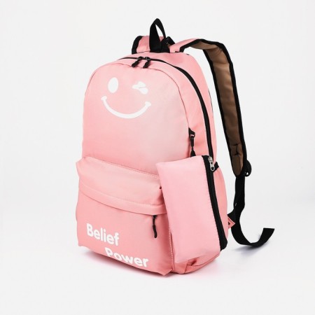 A backpack with a zipper, 3 outer pockets, pink color